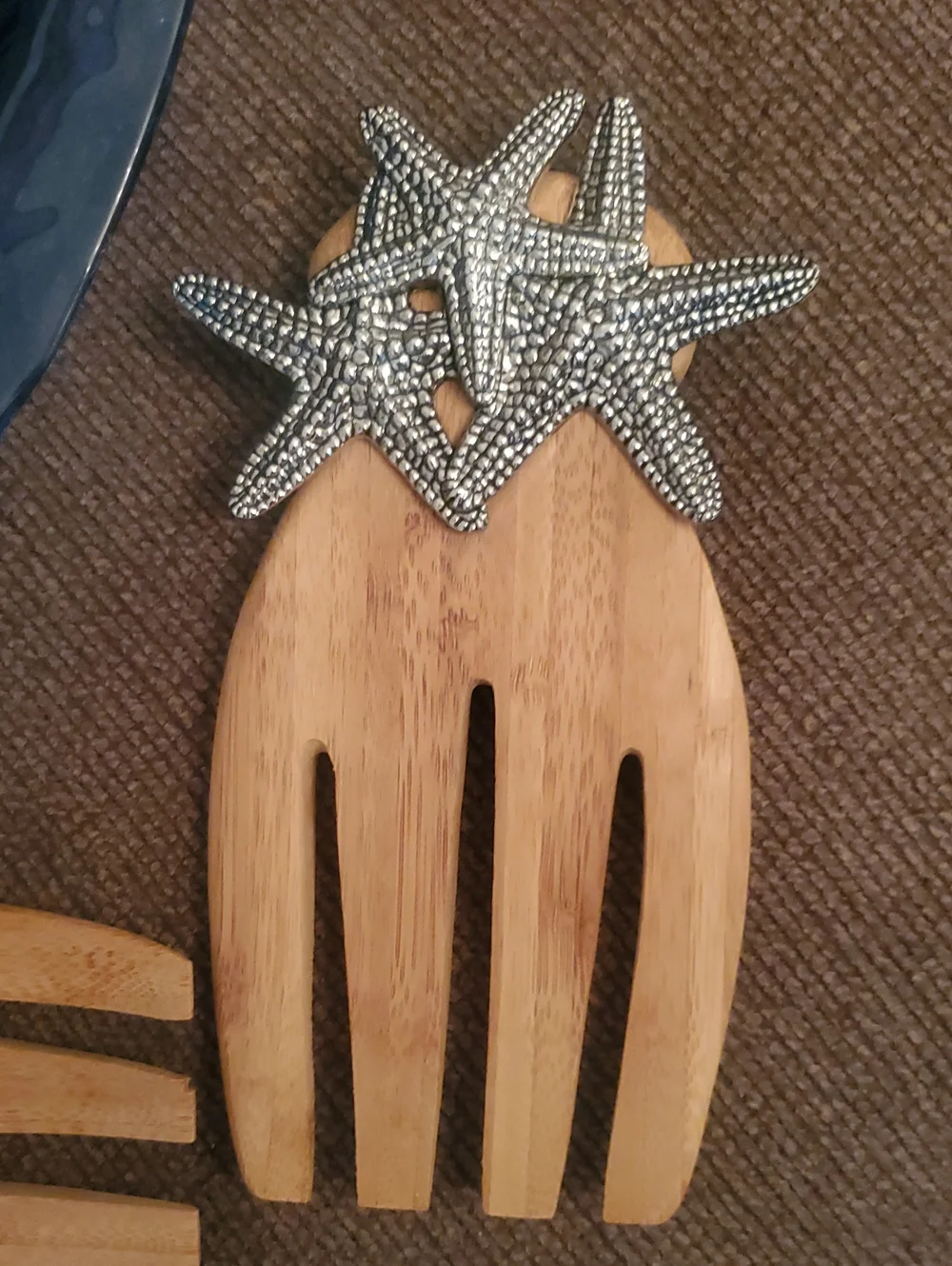 Wooden Salad Hand Set with Silver Starfish Accents - Navy Bowl Included